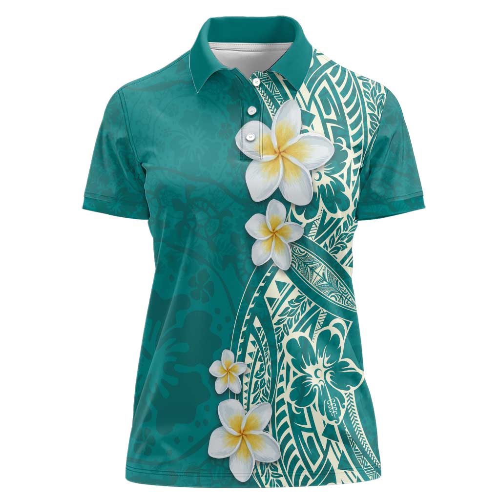 Plumeria Women Polo Shirt Polynesian Tribal Frangipani Teal