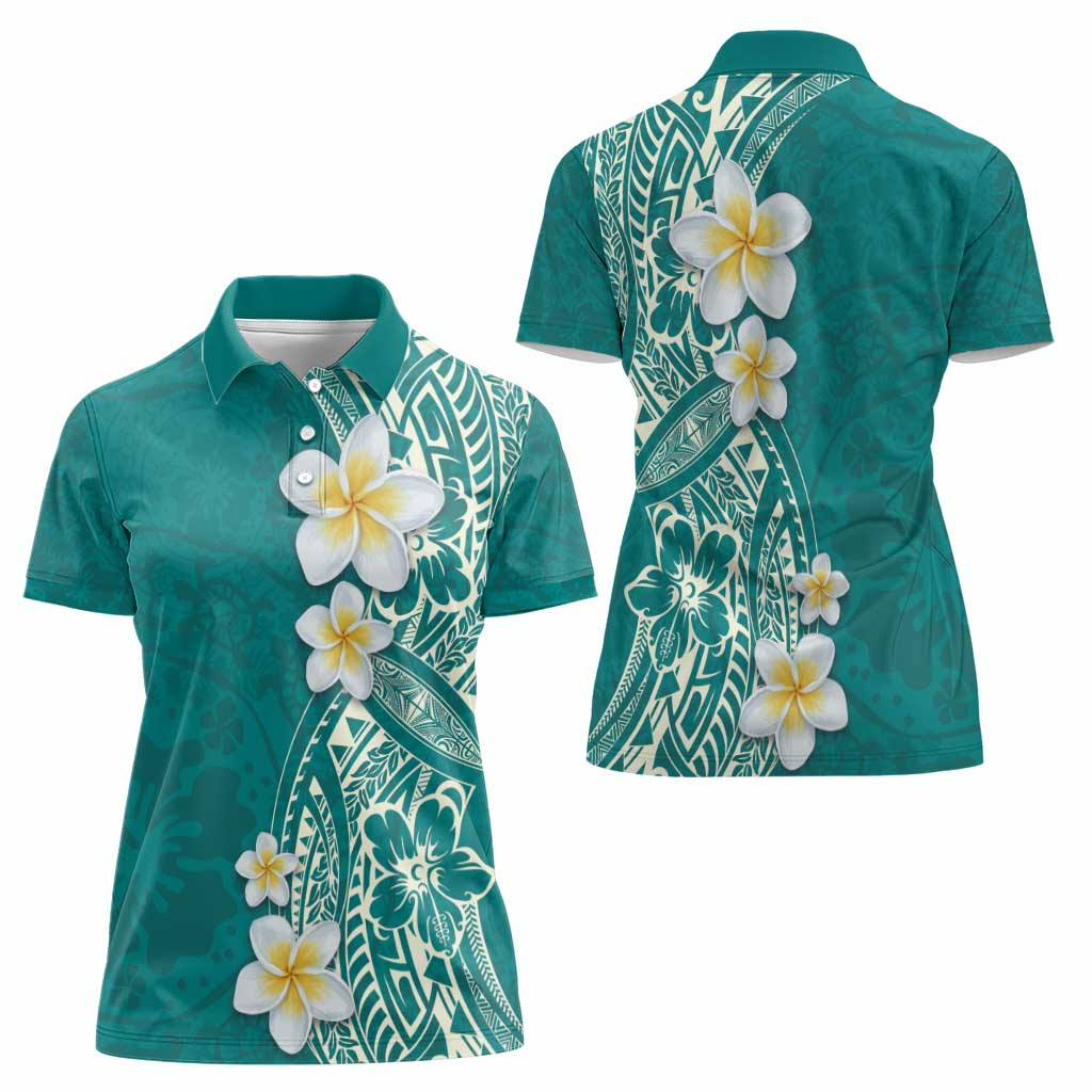 Plumeria Women Polo Shirt Polynesian Tribal Frangipani Teal