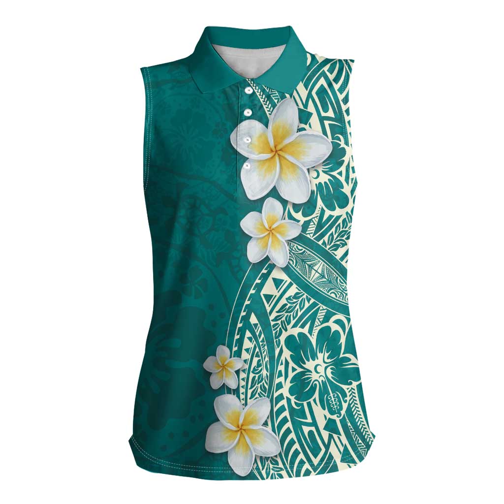 Plumeria Women Sleeveless Polo Shirt Polynesian Tribal Frangipani Teal