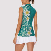 Plumeria Women Sleeveless Polo Shirt Polynesian Tribal Frangipani Teal