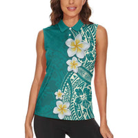 Plumeria Women Sleeveless Polo Shirt Polynesian Tribal Frangipani Teal