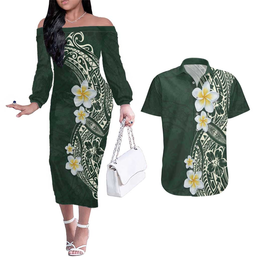 Plumeria Couples Matching Off The Shoulder Long Sleeve Dress and Hawaiian Shirt Polynesian Tribal Frangipani Green