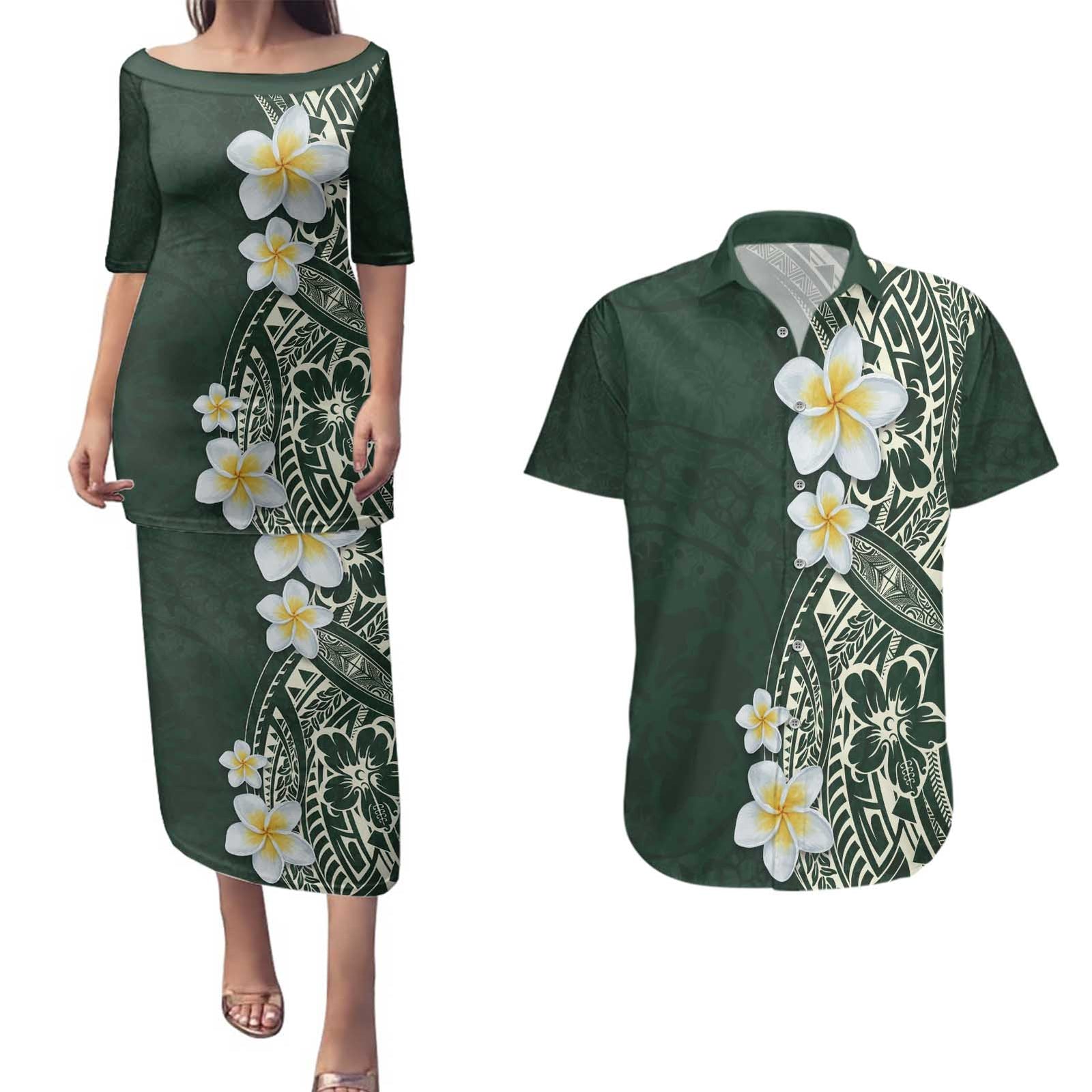 Plumeria Couples Matching Puletasi and Hawaiian Shirt Polynesian Tribal Frangipani Green LT03 Green - Polynesian Pride