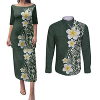 Plumeria Couples Matching Puletasi and Long Sleeve Button Shirt Polynesian Tribal Frangipani Green LT03 Green - Polynesian Pride