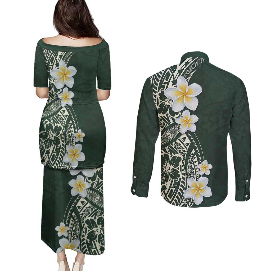 Plumeria Couples Matching Puletasi and Long Sleeve Button Shirt Polynesian Tribal Frangipani Green LT03 - Polynesian Pride