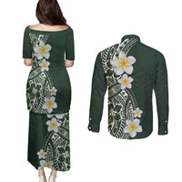 Plumeria Couples Matching Puletasi and Long Sleeve Button Shirt Polynesian Tribal Frangipani Green LT03 - Polynesian Pride