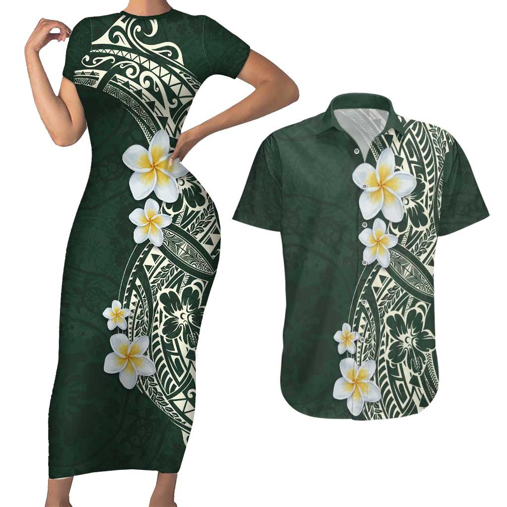 Plumeria Couples Matching Short Sleeve Bodycon Dress and Hawaiian Shirt Polynesian Tribal Frangipani Green LT03 Green - Polynesian Pride