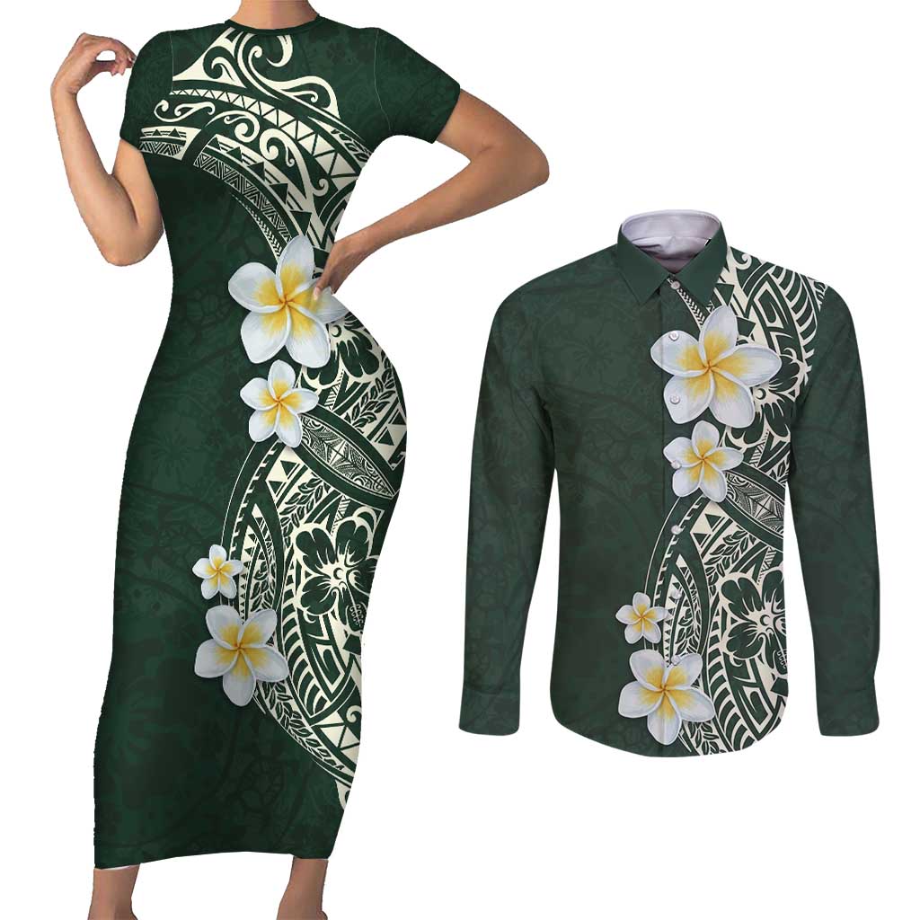 Plumeria Couples Matching Short Sleeve Bodycon Dress and Long Sleeve Button Shirt Polynesian Tribal Frangipani Green