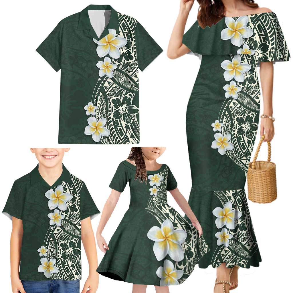 Plumeria Family Matching Mermaid Dress and Hawaiian Shirt Polynesian Tribal Frangipani Green