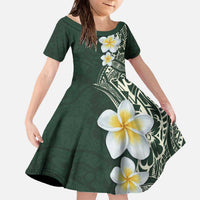 Plumeria Family Matching Off The Shoulder Long Sleeve Dress and Hawaiian Shirt Polynesian Tribal Frangipani Green