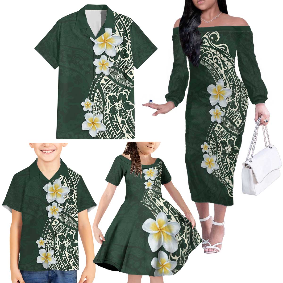 Plumeria Family Matching Off The Shoulder Long Sleeve Dress and Hawaiian Shirt Polynesian Tribal Frangipani Green