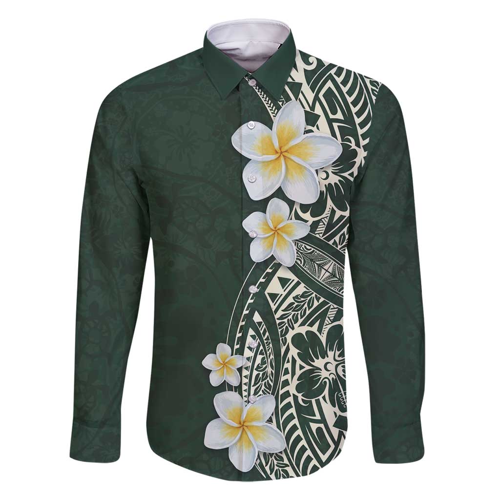 Plumeria Family Matching Off Shoulder Short Dress and Hawaiian Shirt Polynesian Tribal Frangipani Green LT03 Dad's Shirt - Long Sleeve Green - Polynesian Pride