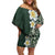 Plumeria Family Matching Off Shoulder Short Dress and Hawaiian Shirt Polynesian Tribal Frangipani Green