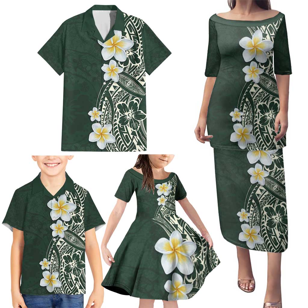 Plumeria Family Matching Puletasi and Hawaiian Shirt Polynesian Tribal Frangipani Green