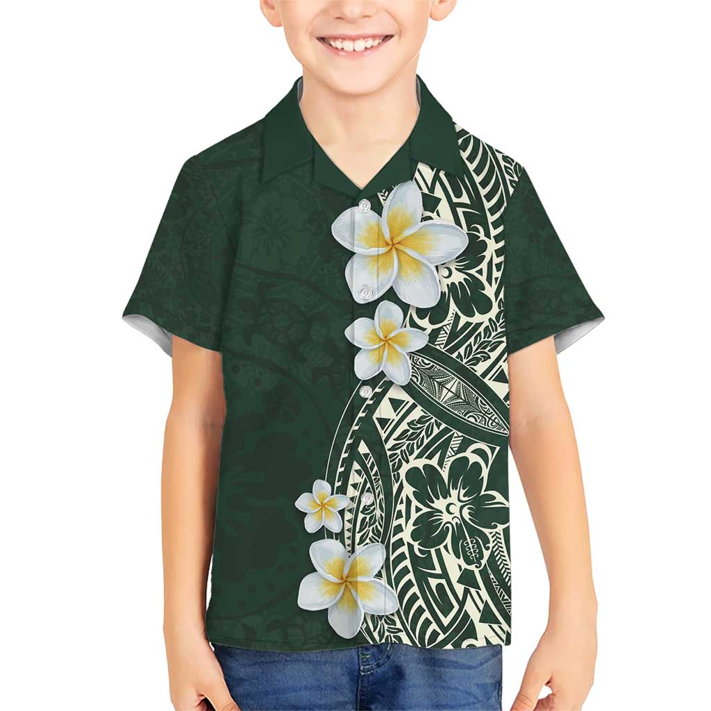 Plumeria Kid Hawaiian Shirt Polynesian Tribal Frangipani Green