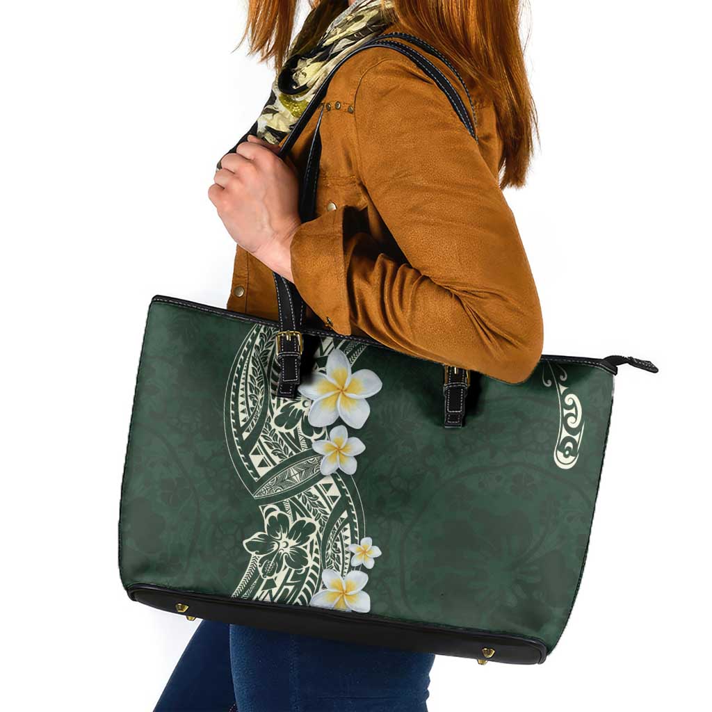 Plumeria Leather Tote Bag Polynesian Tribal Frangipani Green LT03 Green - Polynesian Pride