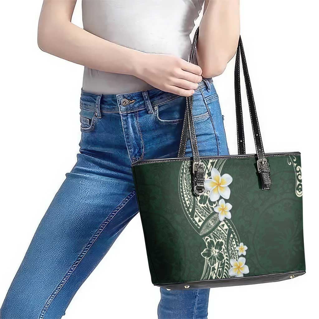 Plumeria Leather Tote Bag Polynesian Tribal Frangipani Green LT03 - Polynesian Pride