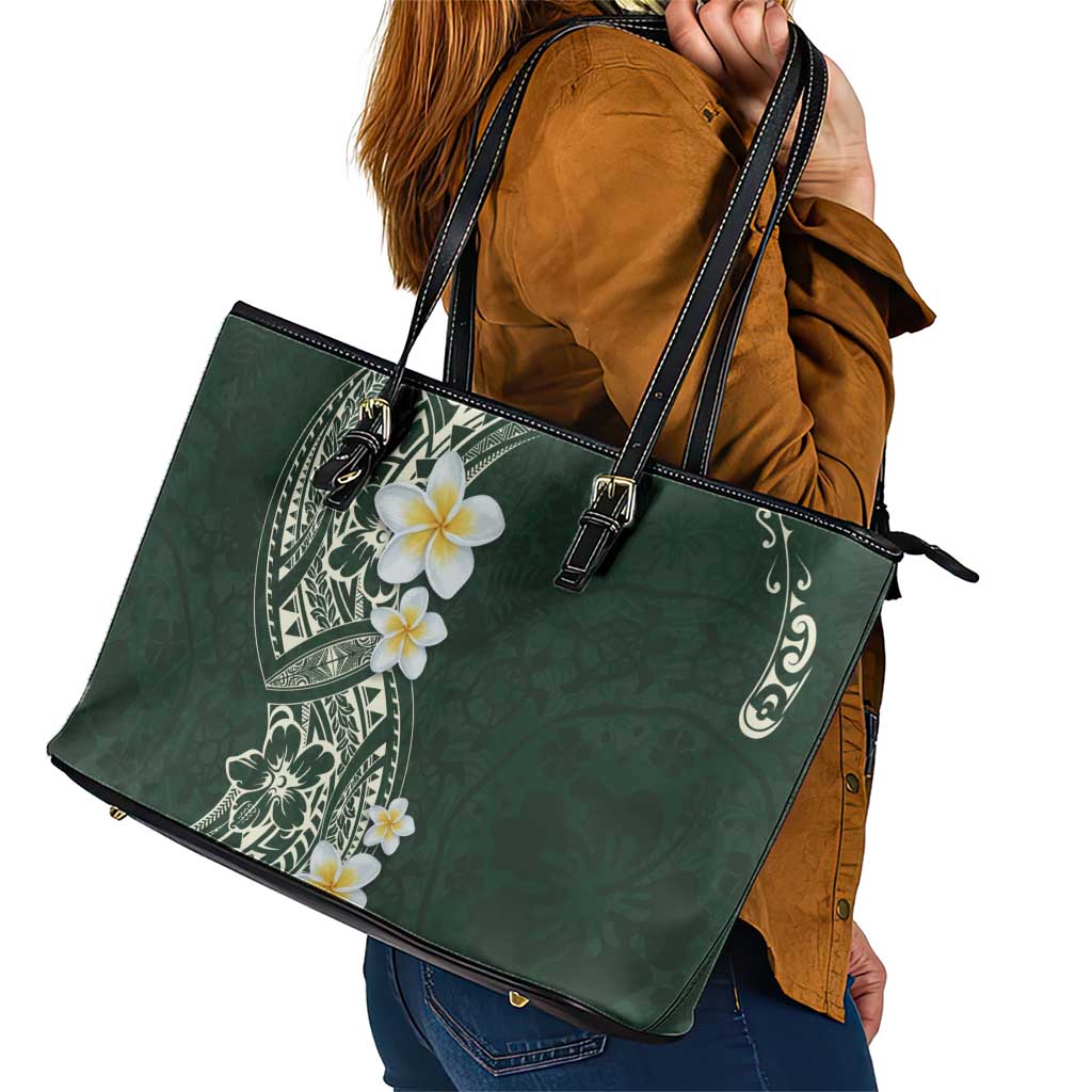 Plumeria Leather Tote Bag Polynesian Tribal Frangipani Green LT03 - Polynesian Pride