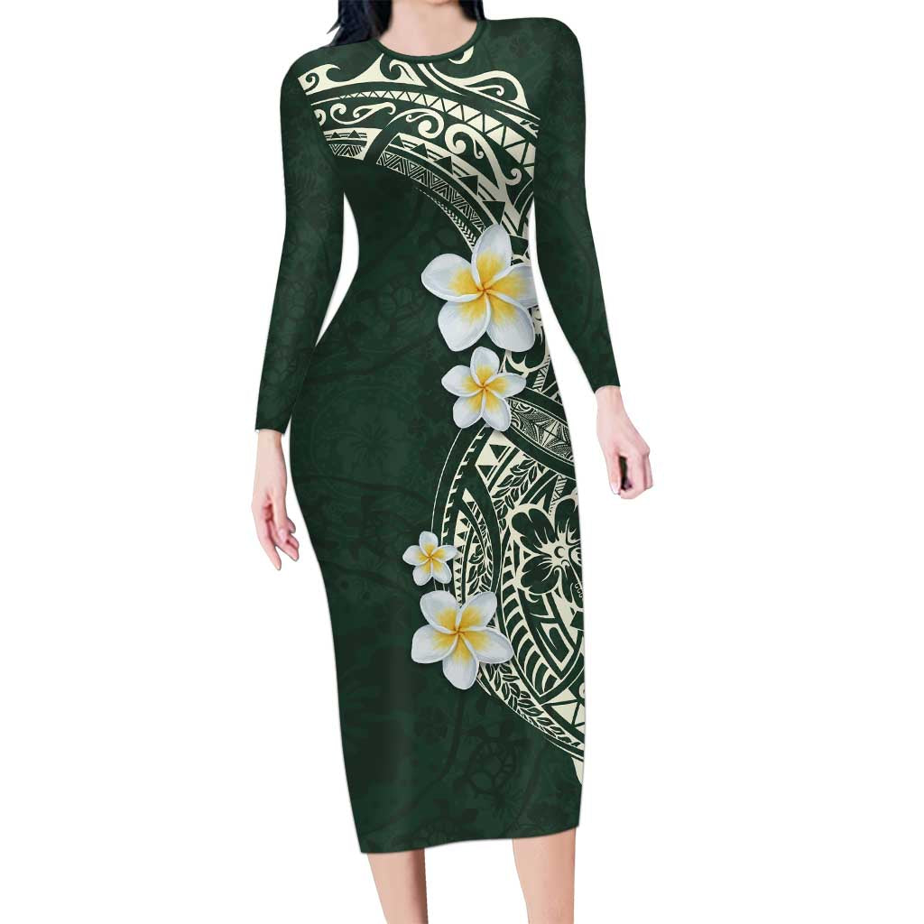 Plumeria Long Sleeve Bodycon Dress Polynesian Tribal Frangipani Green