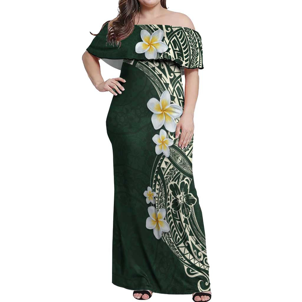Plumeria Off Shoulder Maxi Dress Polynesian Tribal Frangipani Green