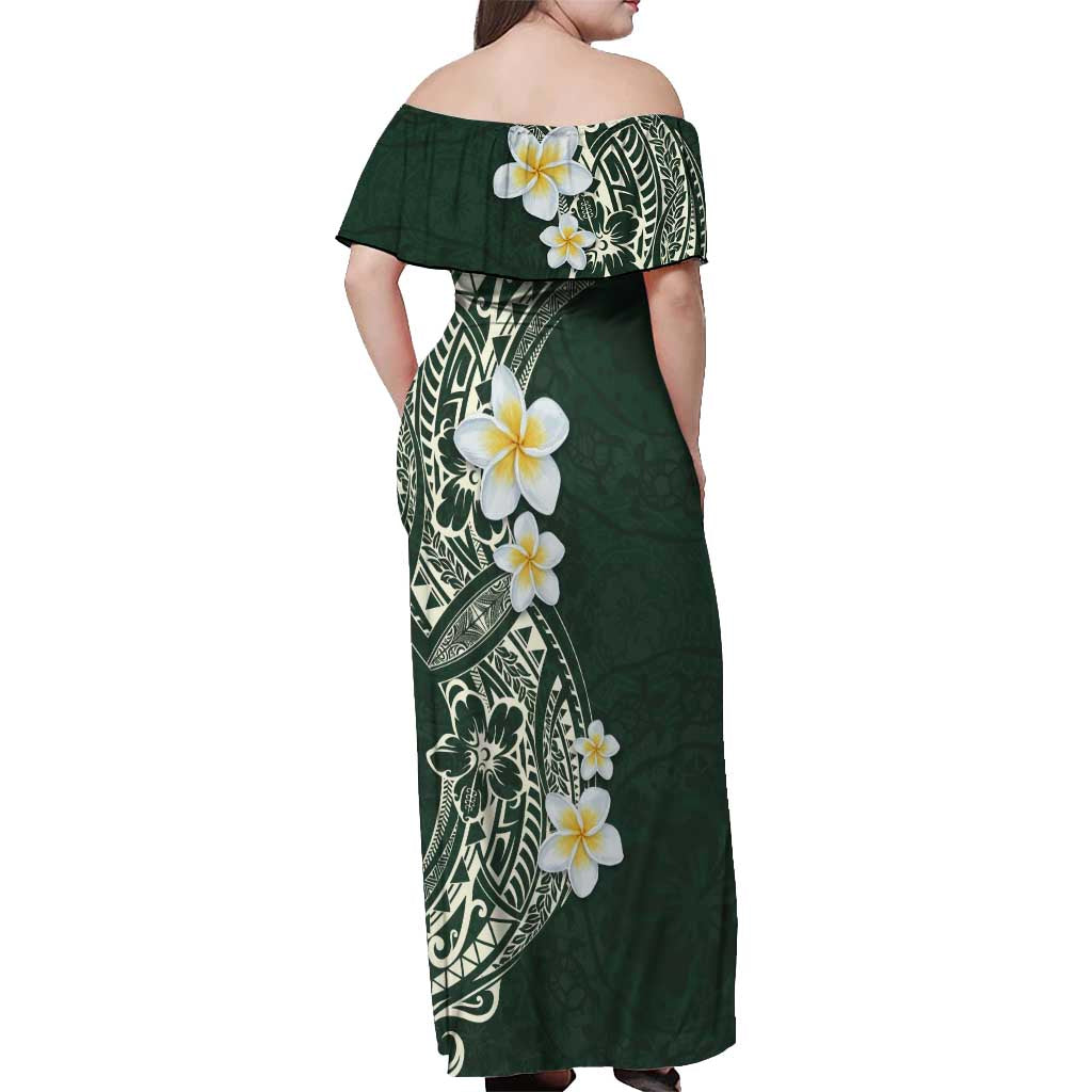Plumeria Off Shoulder Maxi Dress Polynesian Tribal Frangipani Green