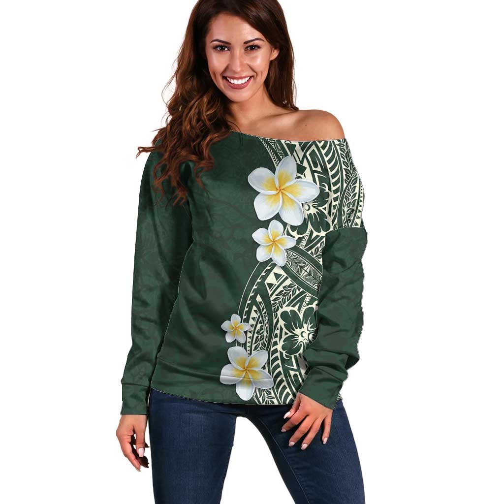 Plumeria Off Shoulder Sweater Polynesian Tribal Frangipani Green