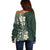 Plumeria Off Shoulder Sweater Polynesian Tribal Frangipani Green