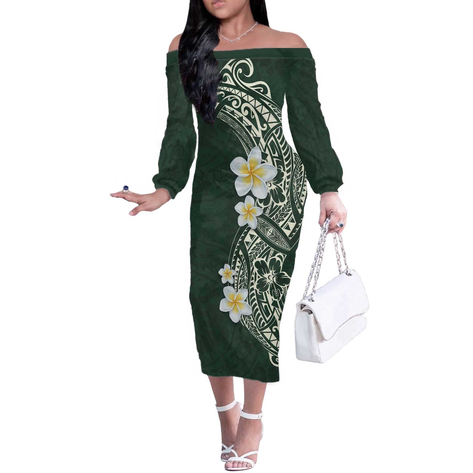 Plumeria Off The Shoulder Long Sleeve Dress Polynesian Tribal Frangipani Green