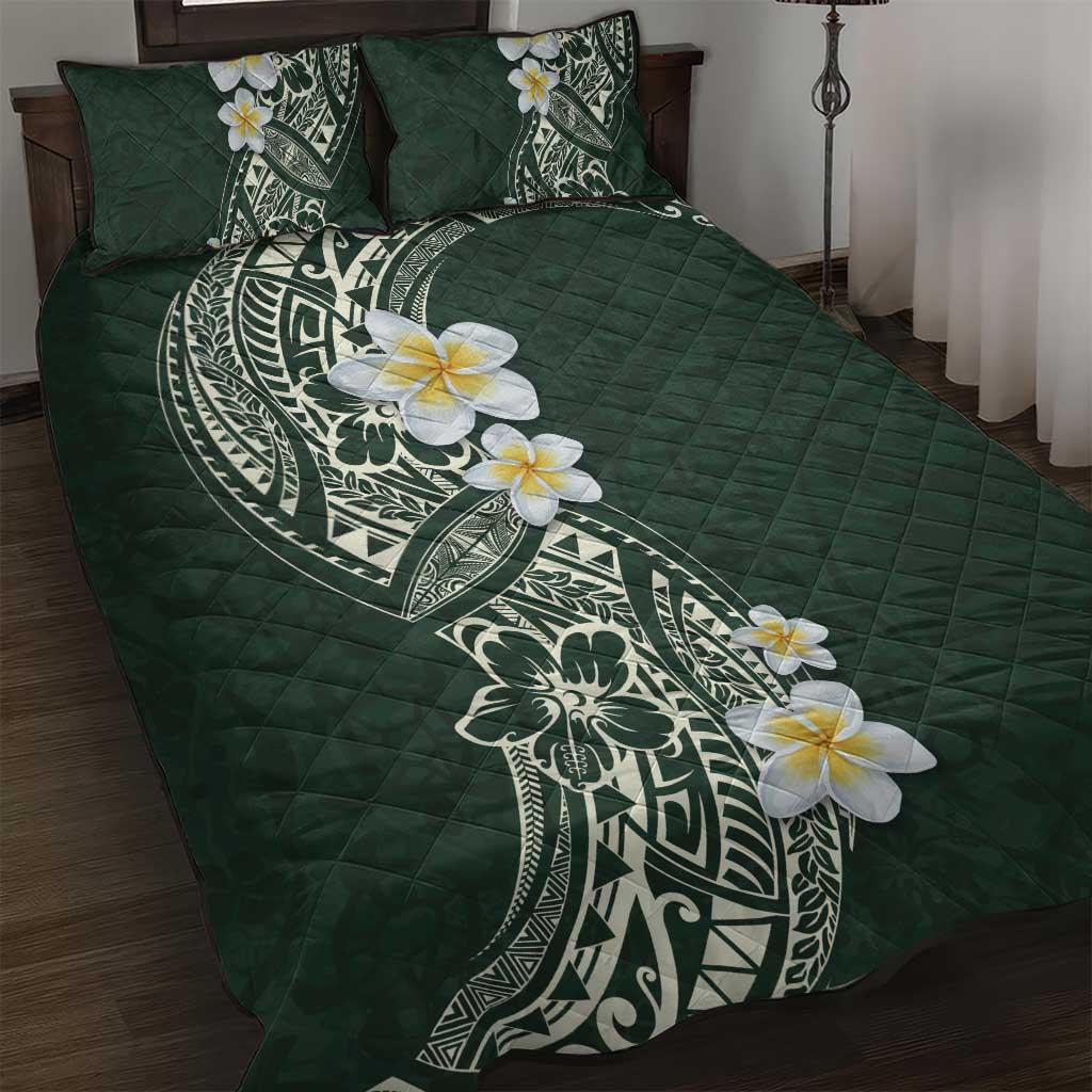 Plumeria Quilt Bed Set Polynesian Tribal Frangipani Green