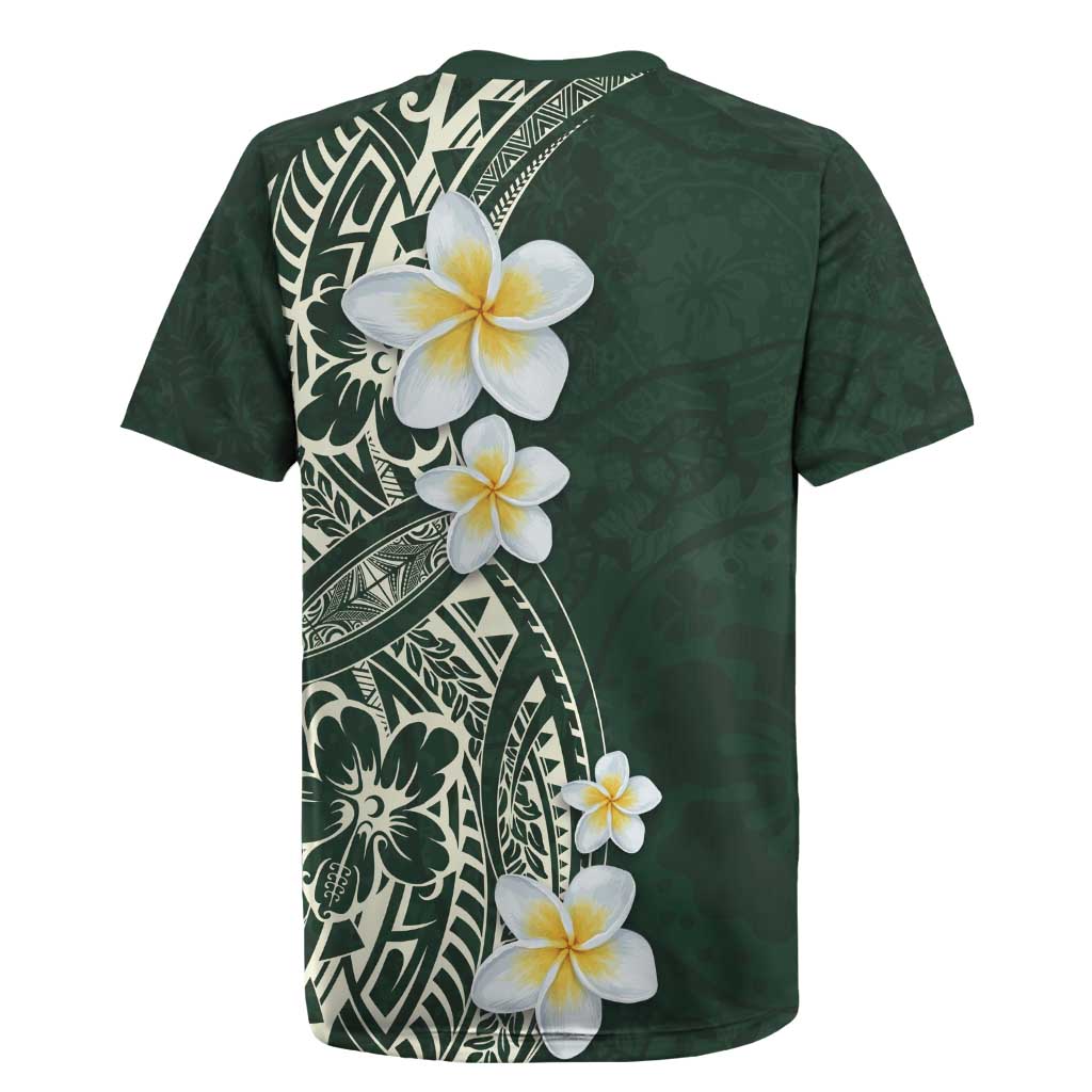 Plumeria Rugby Jersey Polynesian Tribal Frangipani Green