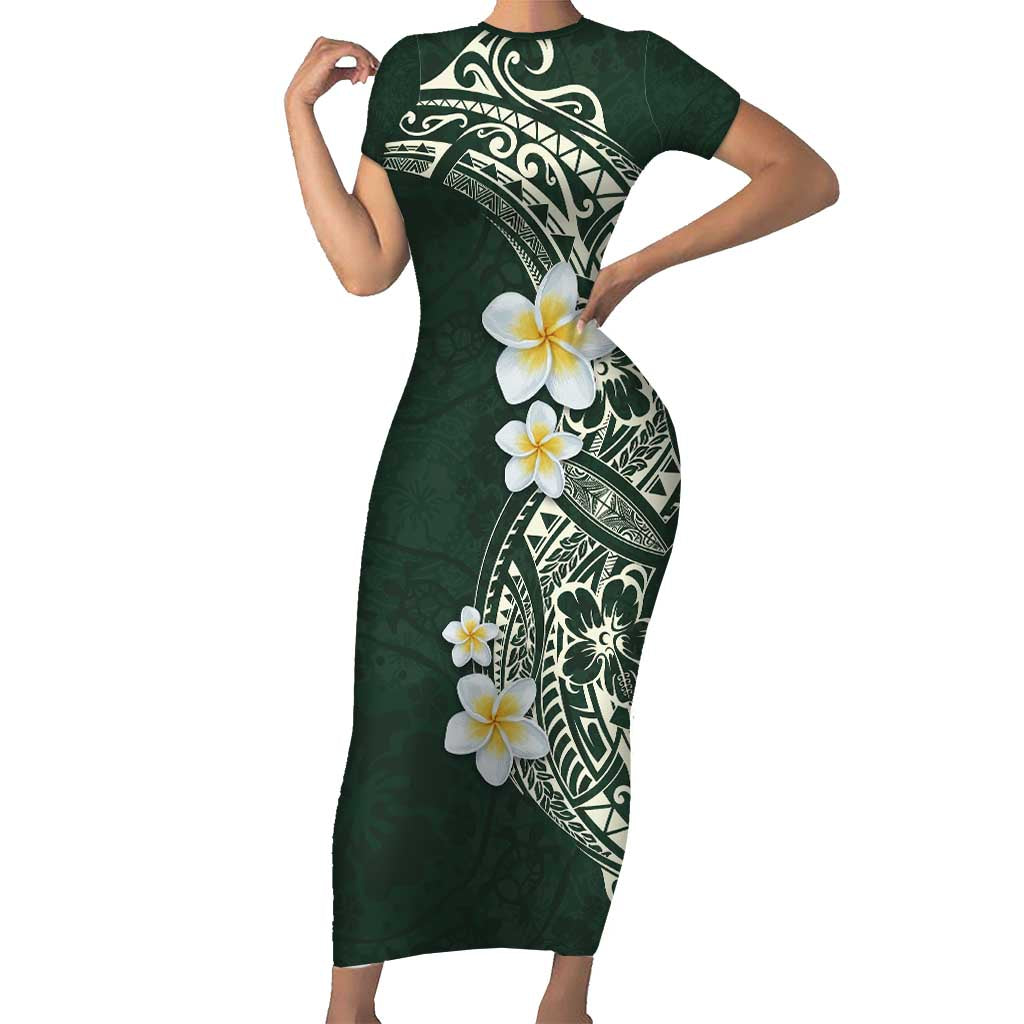 Plumeria Short Sleeve Bodycon Dress Polynesian Tribal Frangipani Green