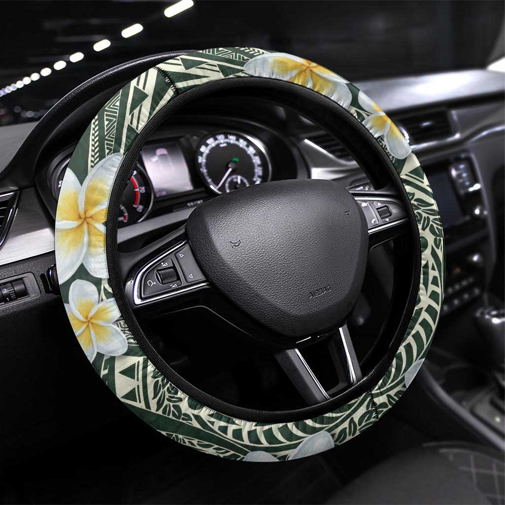 Plumeria Steering Wheel Cover Polynesian Tribal Frangipani Green