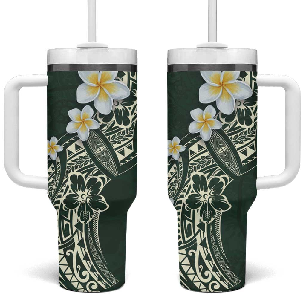 Polynesian Tattoos Frangipani Tumbler With Handle Hibiscus Turtles and Tribal Motifs Vintage Floral - Green Color LT03 One Size: 40 oz Green - Polynesian Pride