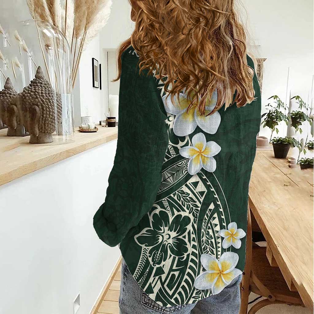 Plumeria Women Casual Shirt Polynesian Tribal Frangipani Green