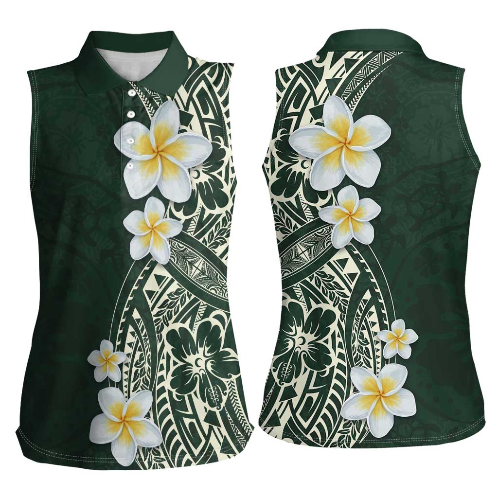 Plumeria Women Sleeveless Polo Shirt Polynesian Tribal Frangipani Green