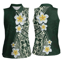 Plumeria Women Sleeveless Polo Shirt Polynesian Tribal Frangipani Green