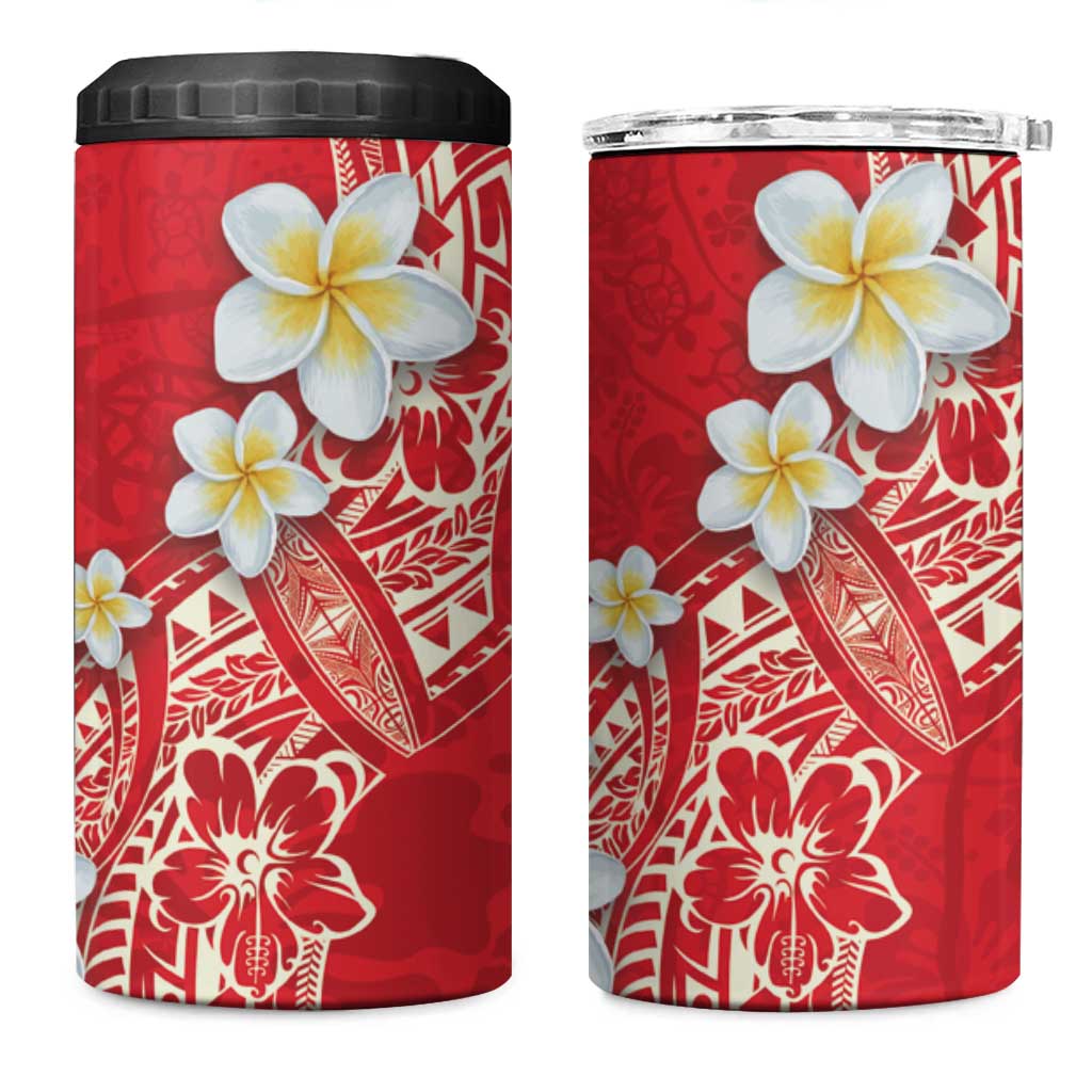 Polynesian Tattoos Frangipani 4 in 1 Can Cooler Tumbler Hibiscus Turtles and Tribal Motifs Vintage Floral - Red Color