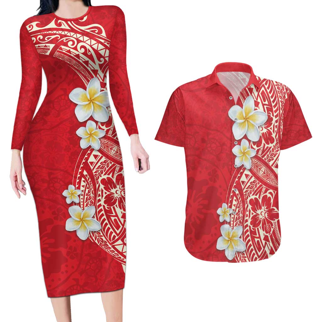 Plumeria Couples Matching Long Sleeve Bodycon Dress and Hawaiian Shirt Polynesian Tribal Frangipani Red