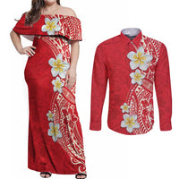 Plumeria Couples Matching Off Shoulder Maxi Dress and Long Sleeve Button Shirt Polynesian Tribal Frangipani Red LT03 Red - Polynesian Pride