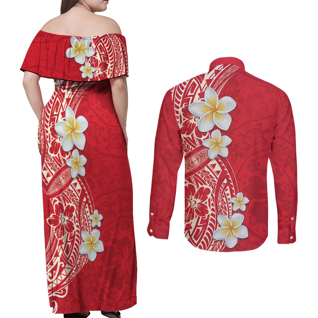 Plumeria Couples Matching Off Shoulder Maxi Dress and Long Sleeve Button Shirt Polynesian Tribal Frangipani Red LT03 - Polynesian Pride
