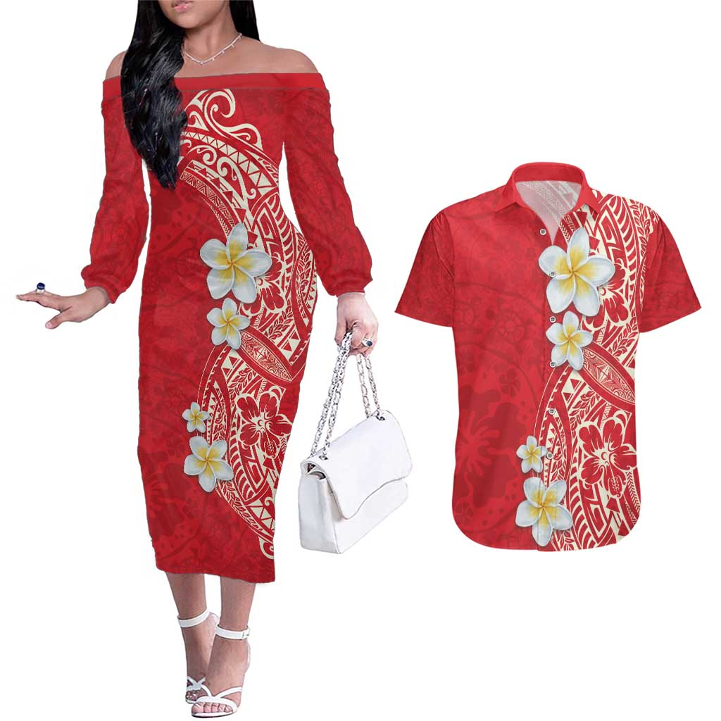 Plumeria Couples Matching Off The Shoulder Long Sleeve Dress and Hawaiian Shirt Polynesian Tribal Frangipani Red