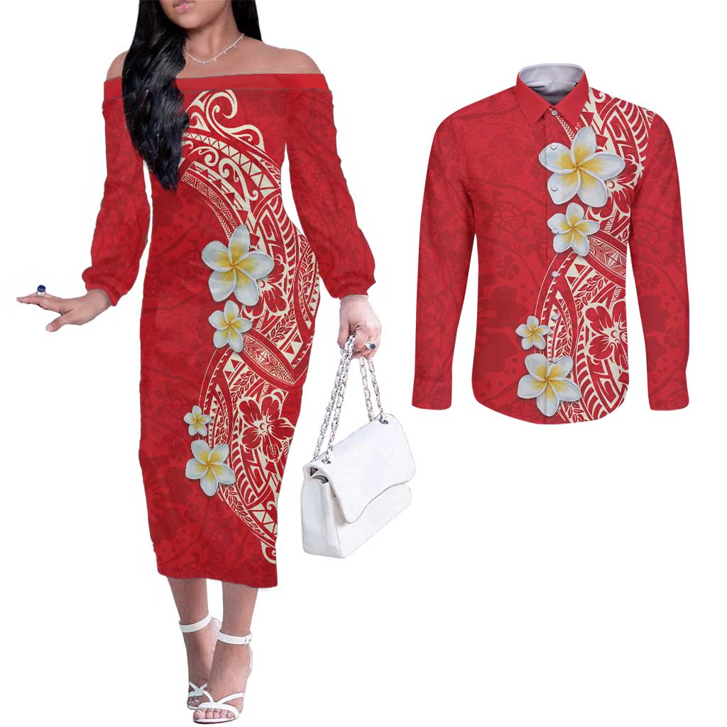 Plumeria Couples Matching Off The Shoulder Long Sleeve Dress and Long Sleeve Button Shirt Polynesian Tribal Frangipani Red