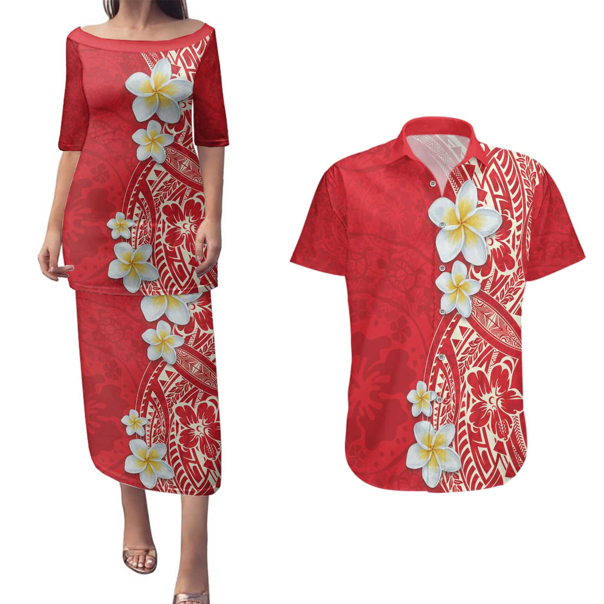 Plumeria Couples Matching Puletasi and Hawaiian Shirt Polynesian Tribal Frangipani Red LT03 Red - Polynesian Pride