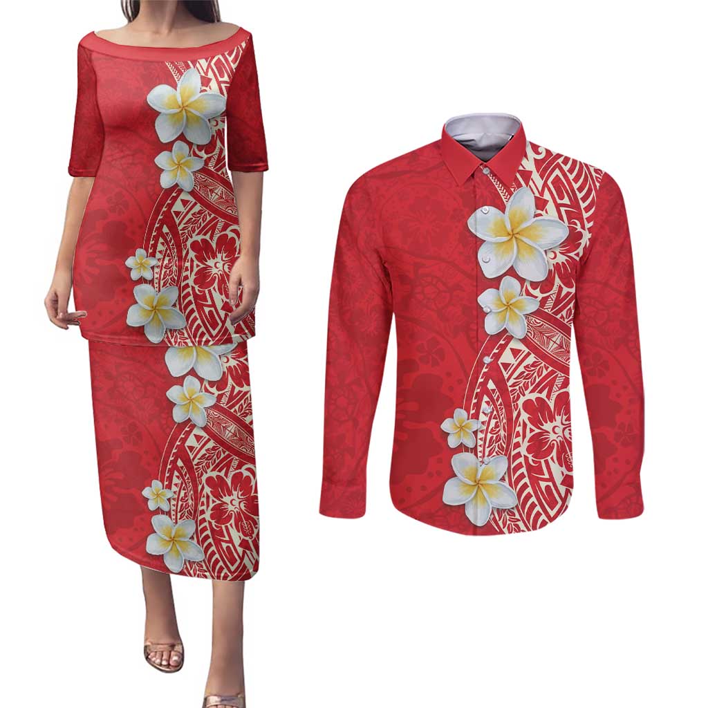 Plumeria Couples Matching Puletasi and Long Sleeve Button Shirt Polynesian Tribal Frangipani Red LT03 Red - Polynesian Pride