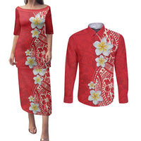 Plumeria Couples Matching Puletasi and Long Sleeve Button Shirt Polynesian Tribal Frangipani Red LT03 Red - Polynesian Pride
