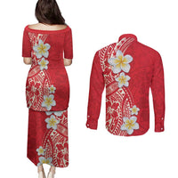 Plumeria Couples Matching Puletasi and Long Sleeve Button Shirt Polynesian Tribal Frangipani Red LT03 - Polynesian Pride