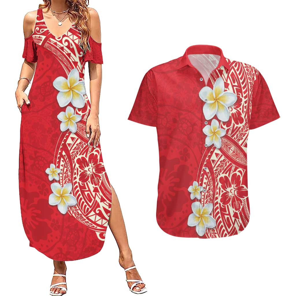 Plumeria Couples Matching Summer Maxi Dress and Hawaiian Shirt Polynesian Tribal Frangipani Red LT03 Red - Polynesian Pride