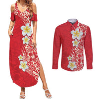 Plumeria Couples Matching Summer Maxi Dress and Long Sleeve Button Shirt Polynesian Tribal Frangipani Red LT03 Red - Polynesian Pride