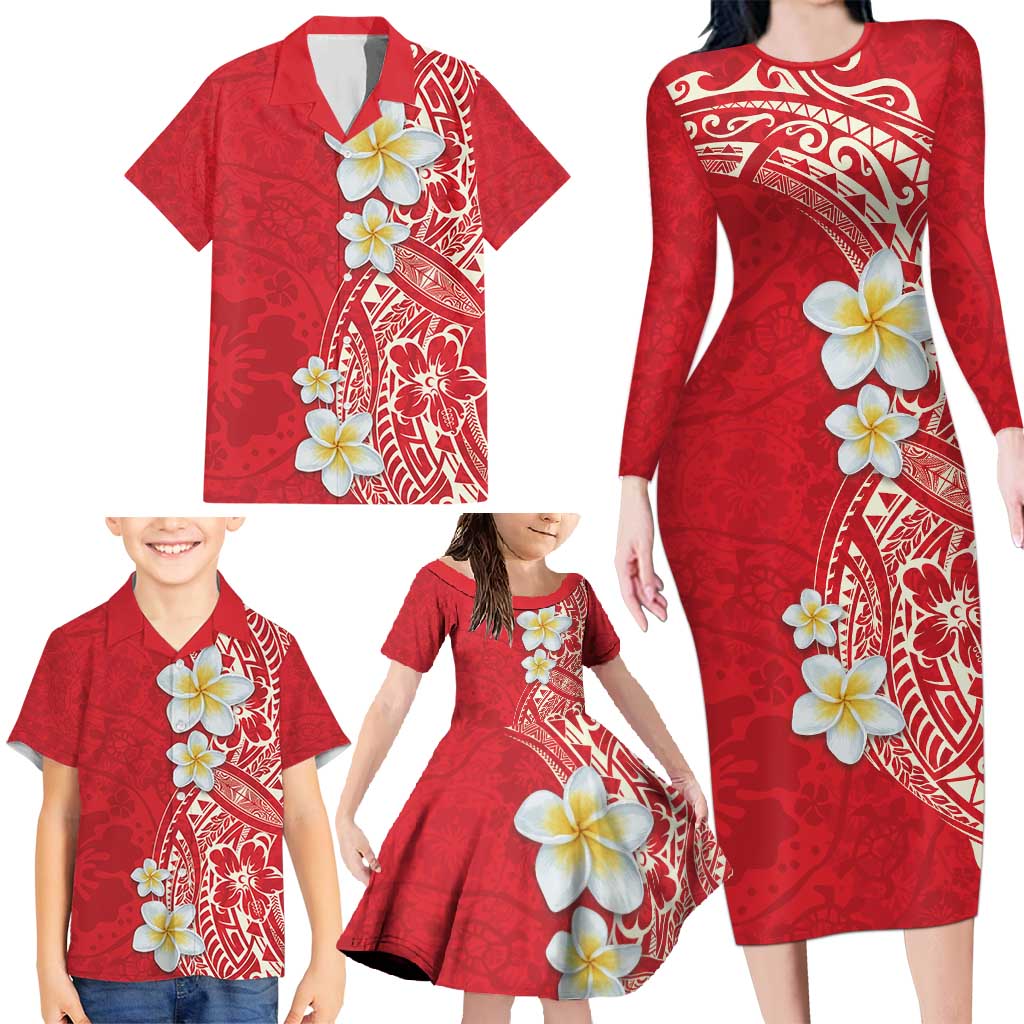Plumeria Family Matching Long Sleeve Bodycon Dress and Hawaiian Shirt Polynesian Tribal Frangipani Red LT03 - Polynesian Pride