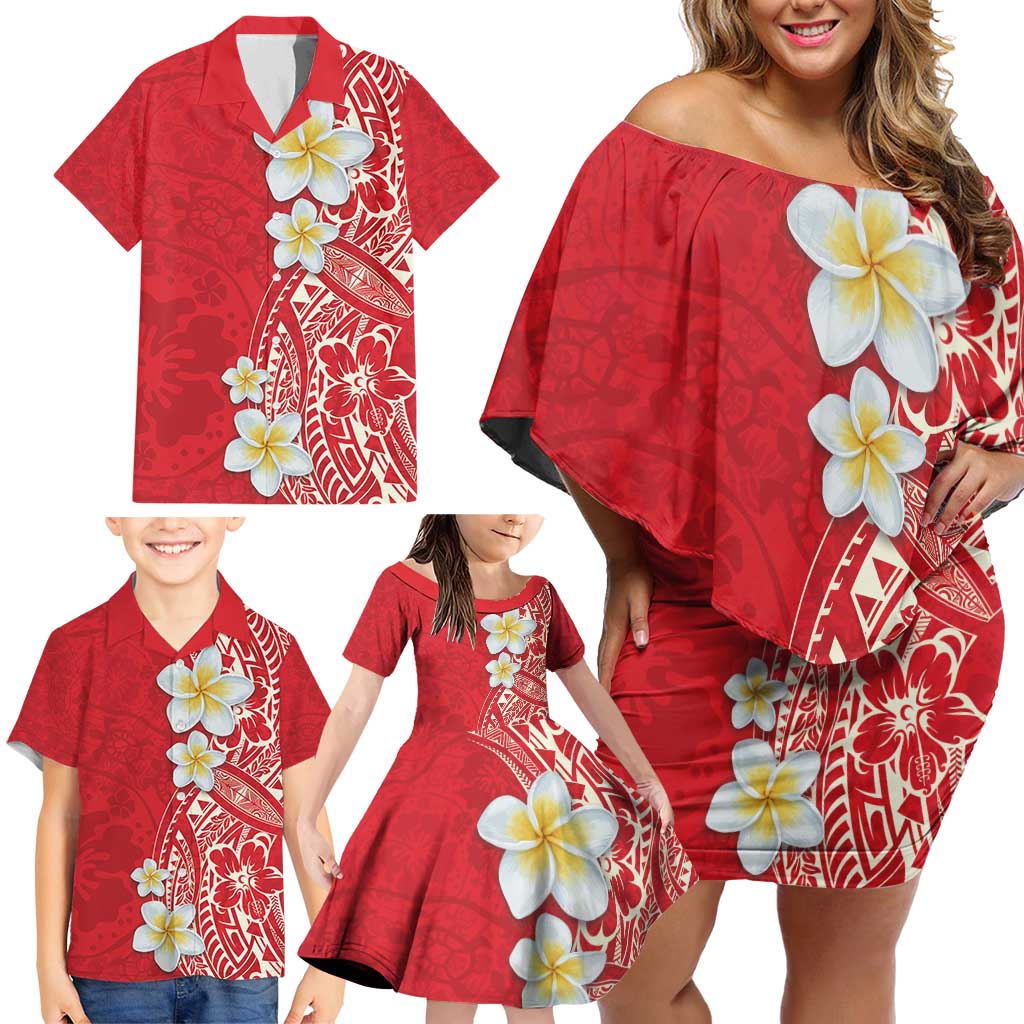 Plumeria Family Matching Off Shoulder Short Dress and Hawaiian Shirt Polynesian Tribal Frangipani Red